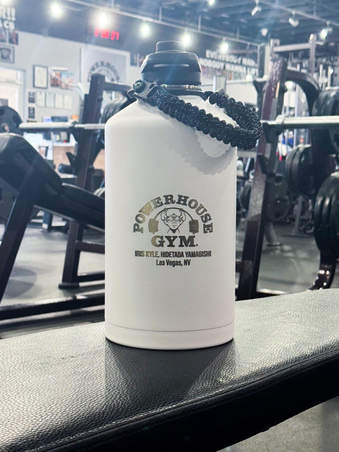 Powerhouse Gym Las Vegas 128 oz insulated water bottle in white