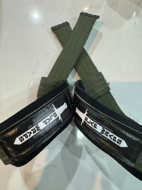 Slap Wraps V2 auto-wrapping lifting straps in Mil-Spec Green, pair shown crossed