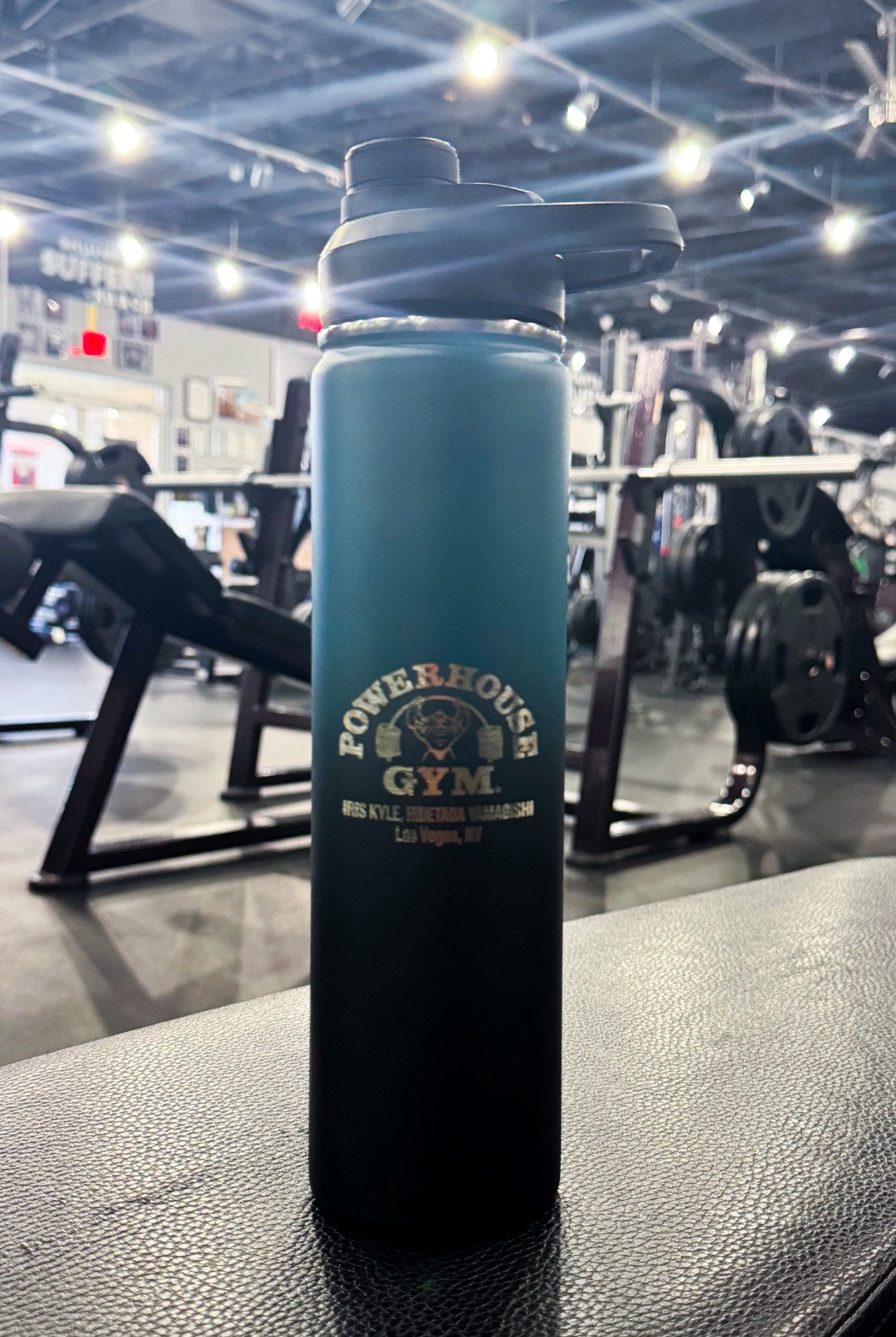 Powerhouse Gym Las Vegas 24 oz insulated water bottle in teal