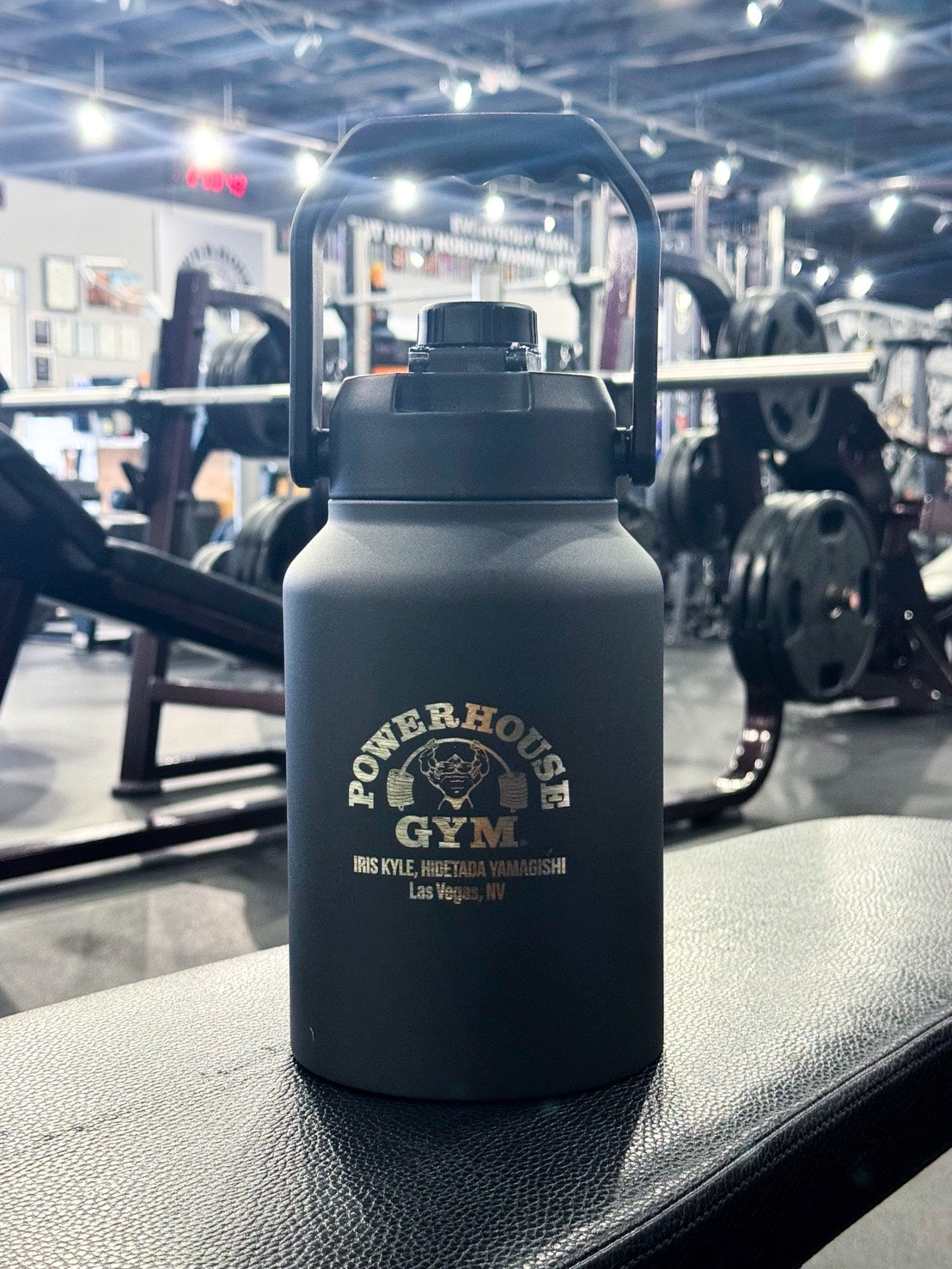 Powerhouse Gym Las Vegas 64 oz insulated water bottle in black